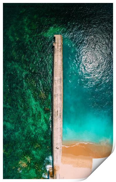 Top down aerial view of amazing colours at a beach and pier Print by Alexandre Rotenberg