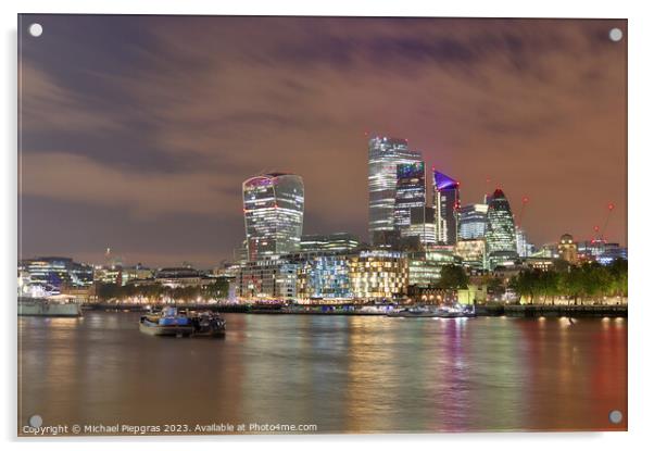 View of the London skyline at night with river thamse and lots of light Acrylic by Michael Piepgras