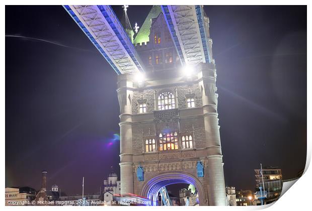 The Tower Bridge in London at night with colorful lights Print by Michael Piepgras
