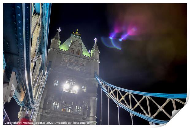 The Tower Bridge in London at night with colorful lights Print by Michael Piepgras