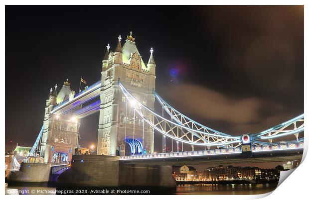 The Tower Bridge in London at night with colorful lights Print by Michael Piepgras