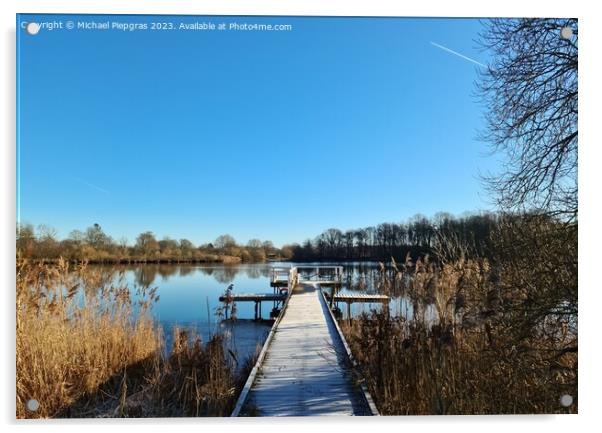 Beautiful landscape on a jetty by a lake with blue sky. Acrylic by Michael Piepgras