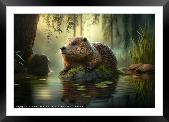 Drawing of a beaver in an American forest. Ai gene Framed Mounted Print by Joaquin Corbalan