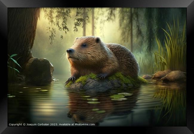 Drawing of a beaver in an American forest. Ai gene Framed Print by Joaquin Corbalan
