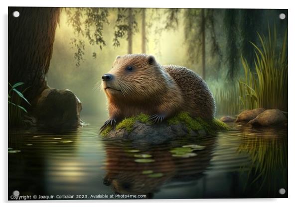 Drawing of a beaver in an American forest. Ai gene Acrylic by Joaquin Corbalan