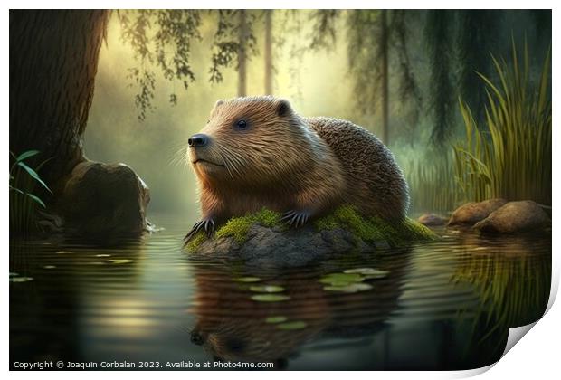 Drawing of a beaver in an American forest. Ai gene Print by Joaquin Corbalan