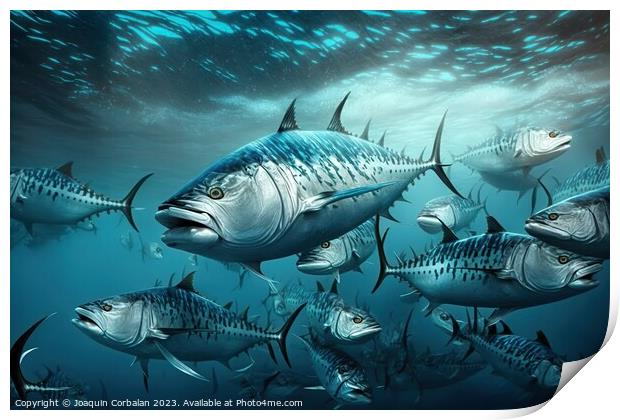 School of large tunas in the sea. Ai generated. Print by Joaquin Corbalan