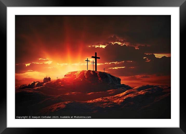 A lone Catholic cross on top of a hill with glowing heavenly ray Framed Mounted Print by Joaquin Corbalan