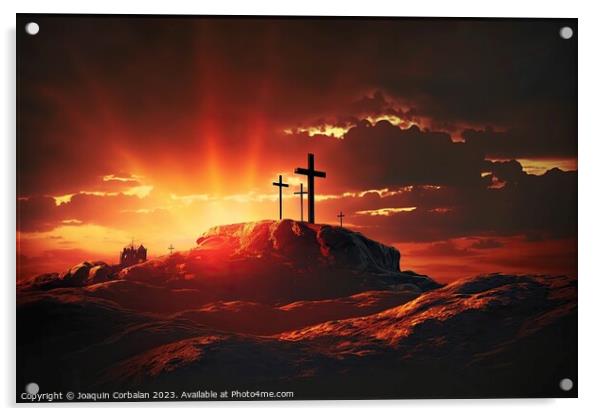 A lone Catholic cross on top of a hill with glowing heavenly ray Acrylic by Joaquin Corbalan