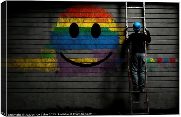 A worker on a ladder paints a smiley face on a wall. Ai generate Canvas Print by Joaquin Corbalan