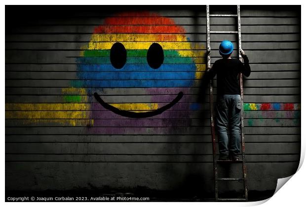 A worker on a ladder paints a smiley face on a wall. Ai generate Print by Joaquin Corbalan