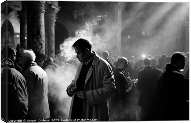 Documentary street photography of men gathered in a church squar Canvas Print by Joaquin Corbalan