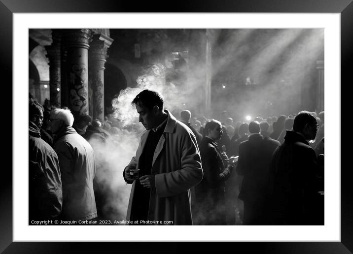 Documentary street photography of men gathered in a church squar Framed Mounted Print by Joaquin Corbalan