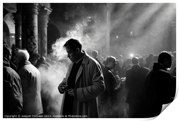 Documentary street photography of men gathered in a church squar Print by Joaquin Corbalan
