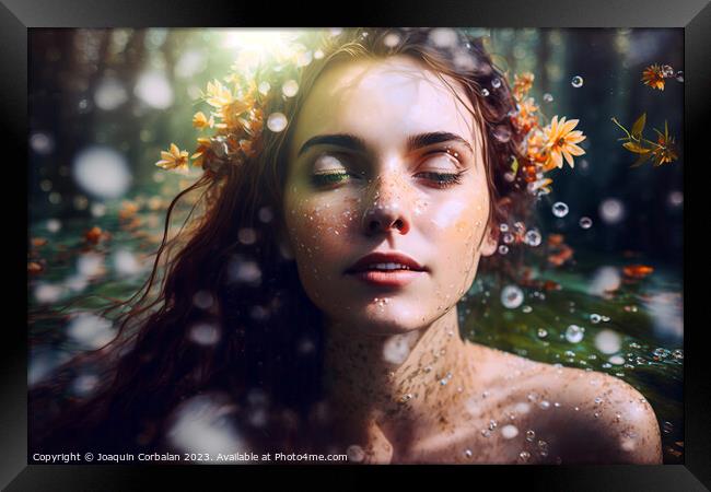 Portrait of a pretty young girl, surrounded by cooling drops, mo Framed Print by Joaquin Corbalan