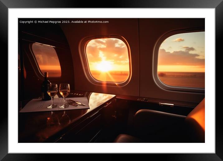 A first class area in a business jet with the sunset through a w Framed Mounted Print by Michael Piepgras