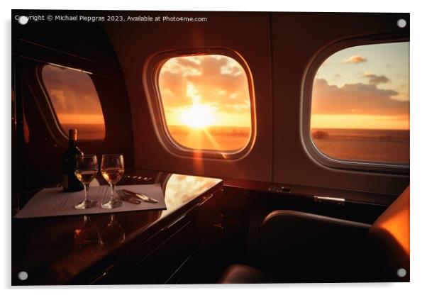 A first class area in a business jet with the sunset through a w Acrylic by Michael Piepgras