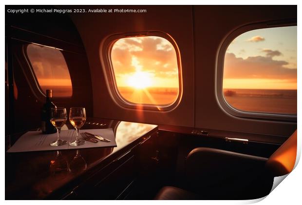 A first class area in a business jet with the sunset through a w Print by Michael Piepgras