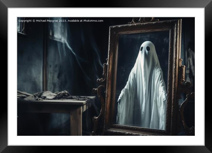 A ghost coming out of an old mirror created with generative AI t Framed Mounted Print by Michael Piepgras
