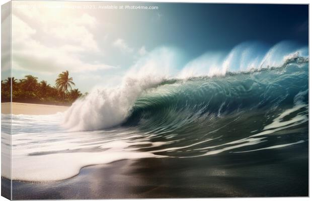 A giant tsunami wave arriving at a tropical beach created with g Canvas Print by Michael Piepgras