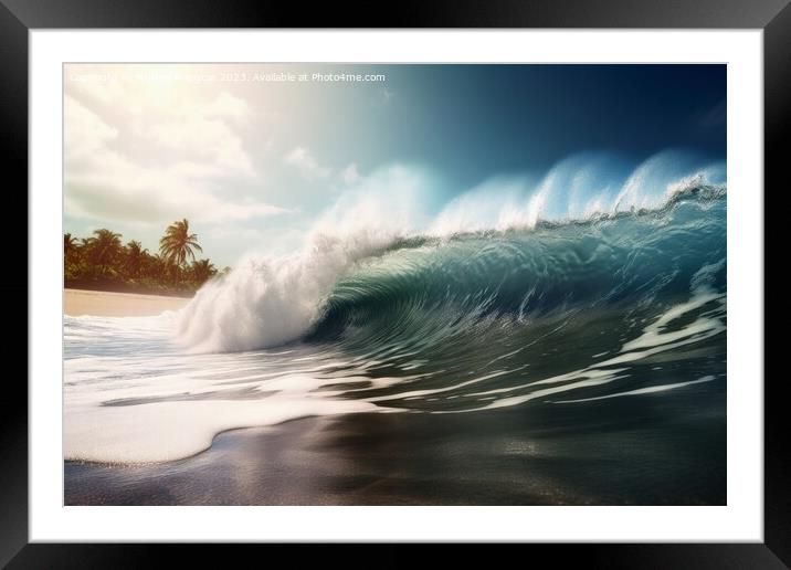 A giant tsunami wave arriving at a tropical beach created with g Framed Mounted Print by Michael Piepgras
