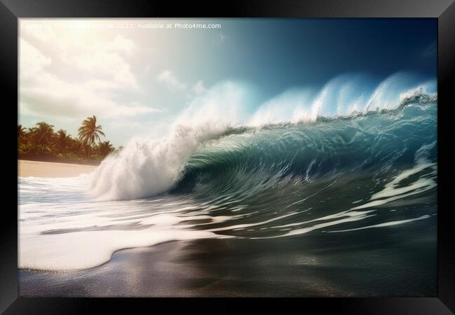 A giant tsunami wave arriving at a tropical beach created with g Framed Print by Michael Piepgras