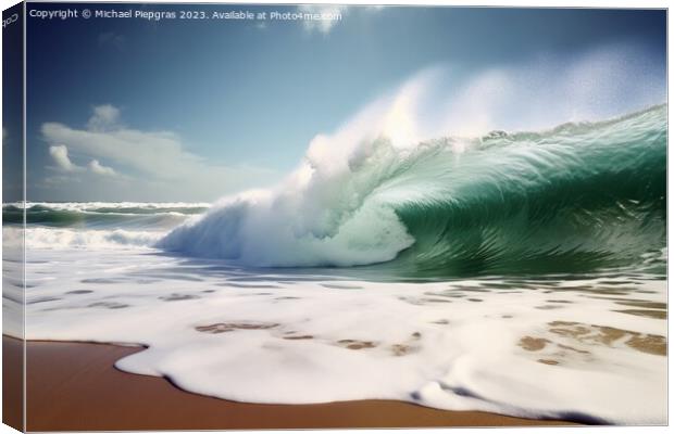 A giant tsunami wave arriving at a tropical beach created with g Canvas Print by Michael Piepgras
