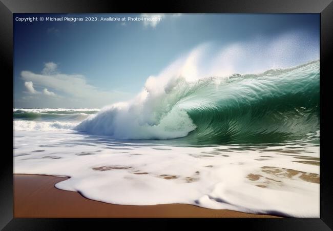 A giant tsunami wave arriving at a tropical beach created with g Framed Print by Michael Piepgras