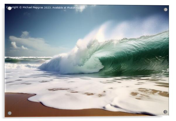 A giant tsunami wave arriving at a tropical beach created with g Acrylic by Michael Piepgras