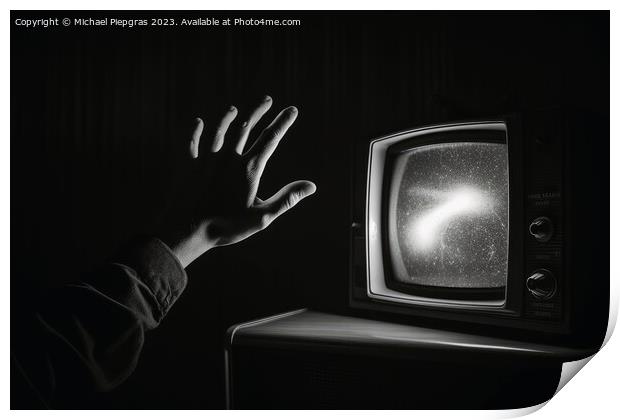 A hand reaching out at an old television created with generative Print by Michael Piepgras