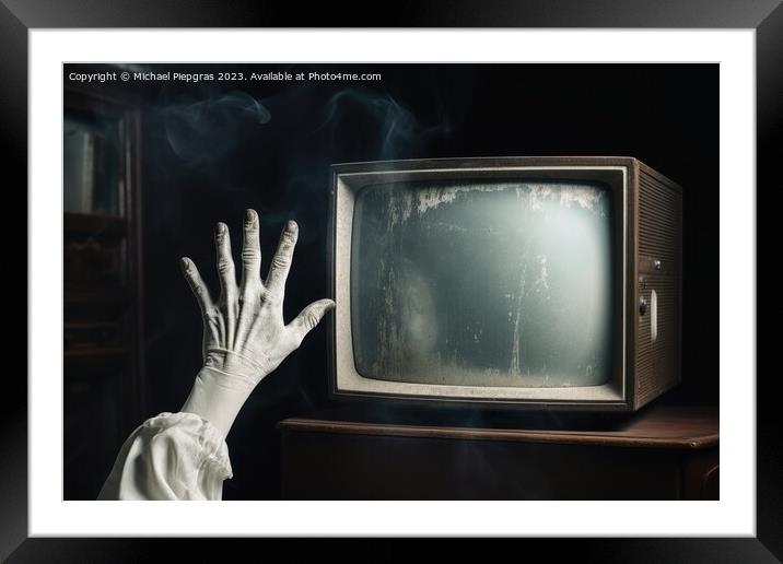 A hand reaching out at an old television created with generative Framed Mounted Print by Michael Piepgras