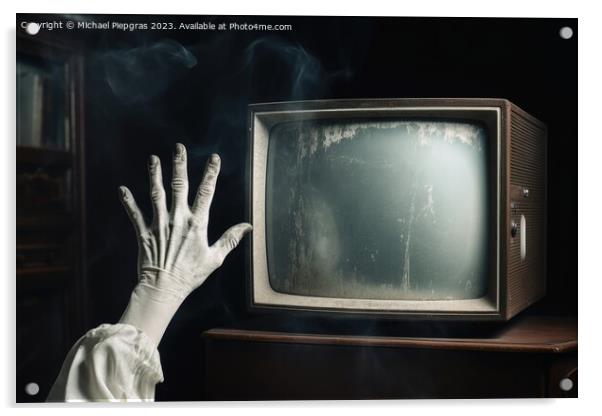 A hand reaching out at an old television created with generative Acrylic by Michael Piepgras