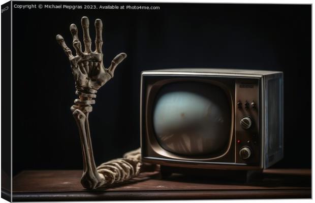 A hand reaching out at an old television created with generative Canvas Print by Michael Piepgras
