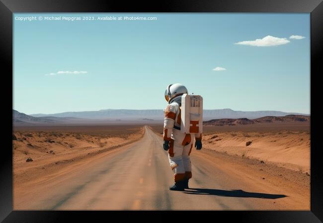 A hitchhiking astronaut on a lonely road created with generative Framed Print by Michael Piepgras