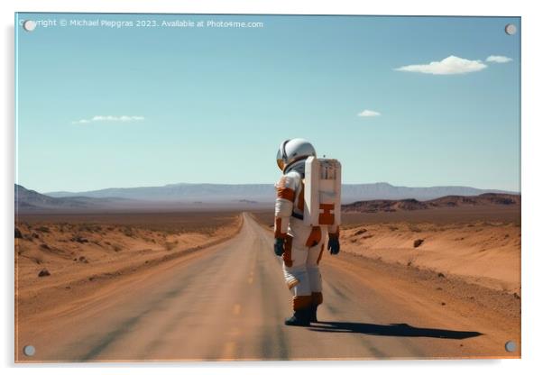 A hitchhiking astronaut on a lonely road created with generative Acrylic by Michael Piepgras