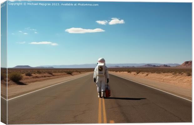 A hitchhiking astronaut on a lonely road created with generative Canvas Print by Michael Piepgras