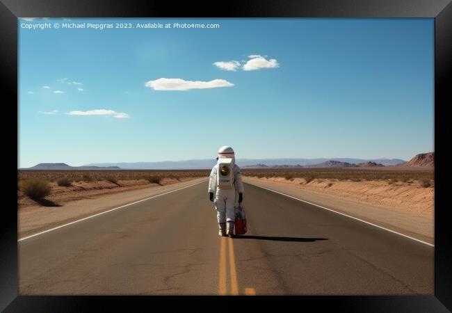 A hitchhiking astronaut on a lonely road created with generative Framed Print by Michael Piepgras