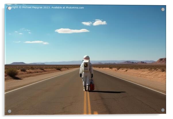 A hitchhiking astronaut on a lonely road created with generative Acrylic by Michael Piepgras