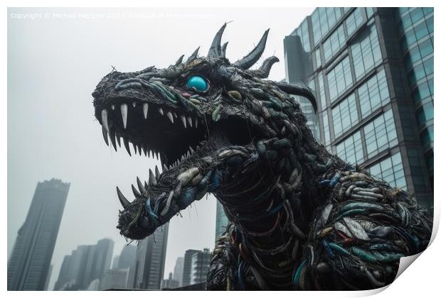 A huge monster made of plastic waste attacking a modern city cre Print by Michael Piepgras