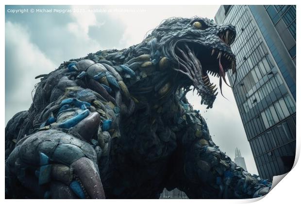 A huge monster made of plastic waste attacking a modern city cre Print by Michael Piepgras
