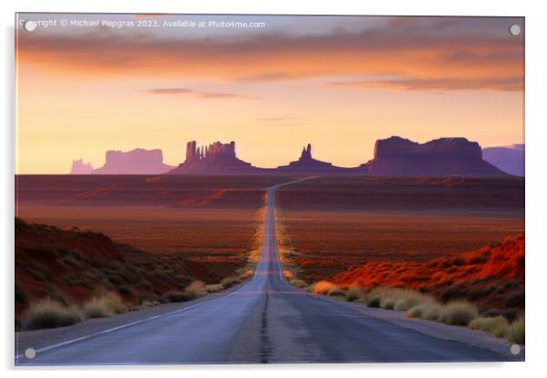 A lonely straight road in the American landscape at sunset creat Acrylic by Michael Piepgras