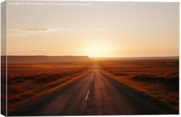 A lonely straight road in the American landscape at sunset creat Canvas Print by Michael Piepgras