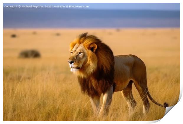 A male lion in the savannah king of animals created with generat Print by Michael Piepgras
