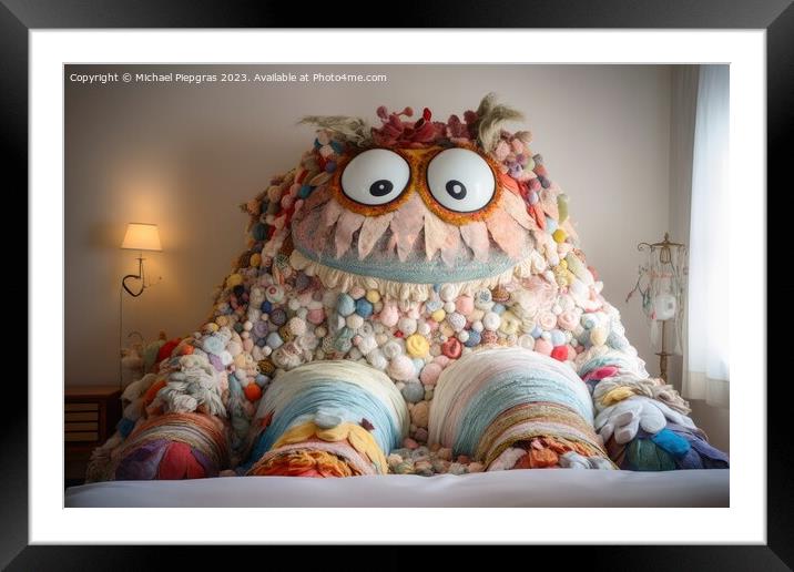 A monster made of pillows created with generative AI technology. Framed Mounted Print by Michael Piepgras