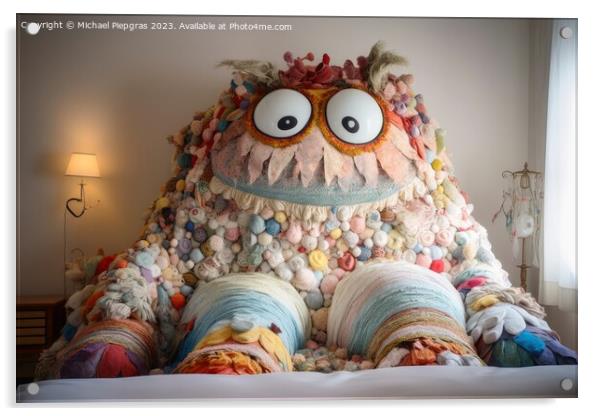 A monster made of pillows created with generative AI technology. Acrylic by Michael Piepgras