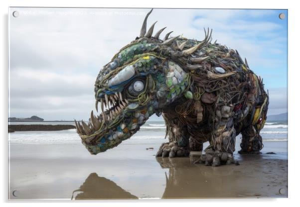 A monster made of plastic waste on the ocean beach created with  Acrylic by Michael Piepgras