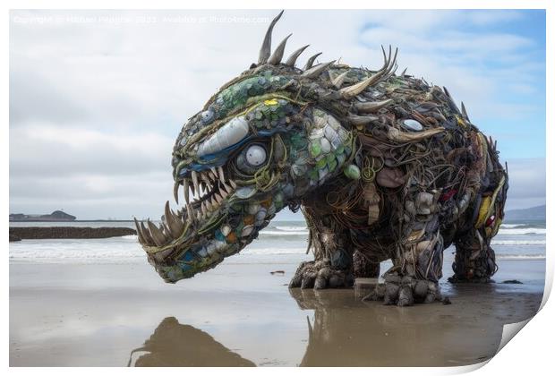 A monster made of plastic waste on the ocean beach created with  Print by Michael Piepgras