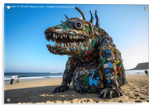 A monster made of plastic waste on the ocean beach created with  Acrylic by Michael Piepgras