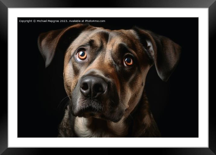 A portrait of a stunned dogs face with wide open eyes created wi Framed Mounted Print by Michael Piepgras