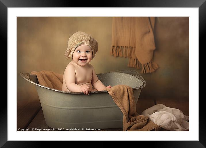 Bath time, baby in a vintage bathtub Framed Mounted Print by Delphimages Art